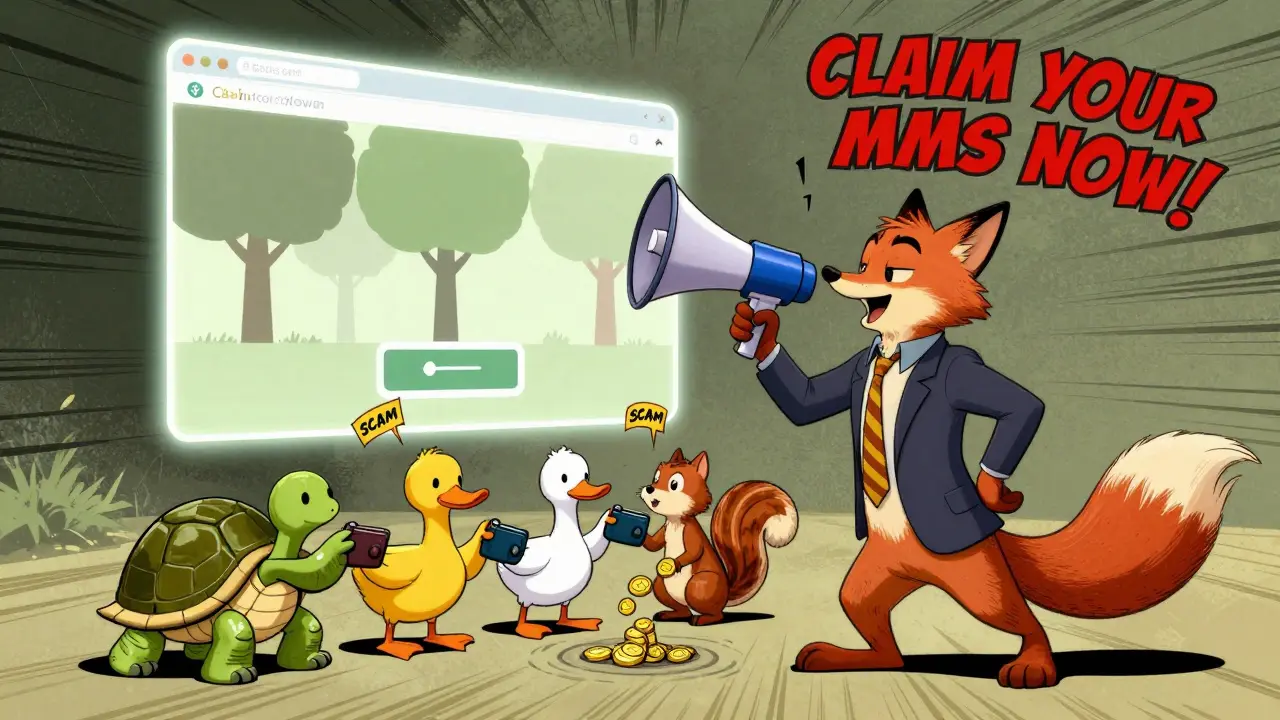 A fox luring cartoon animals to connect their wallets to a fake MMS airdrop site.