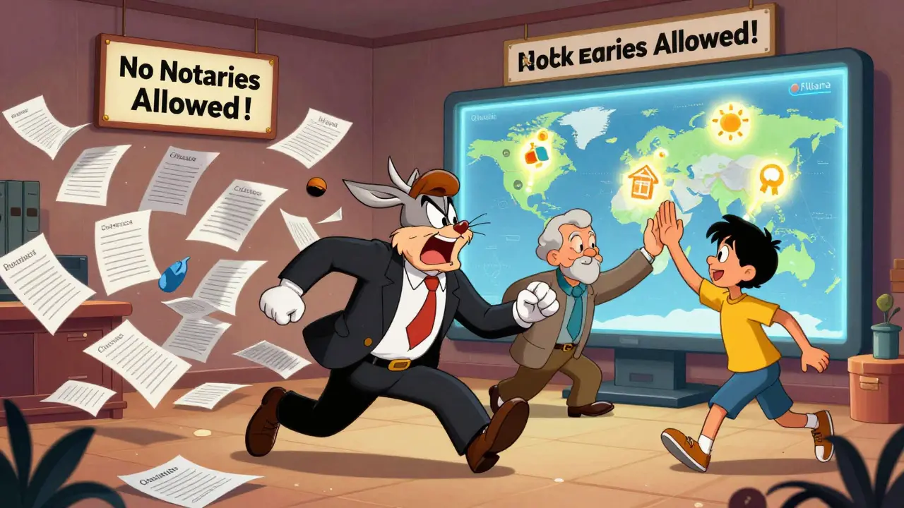 A global map with glowing property tokens connecting investors from Berlin and Manila in a cartoon blockchain office.