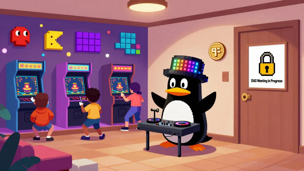 A lively NFT hotel room party with pixel DJ, arcade games, and glowing rare NFT hat