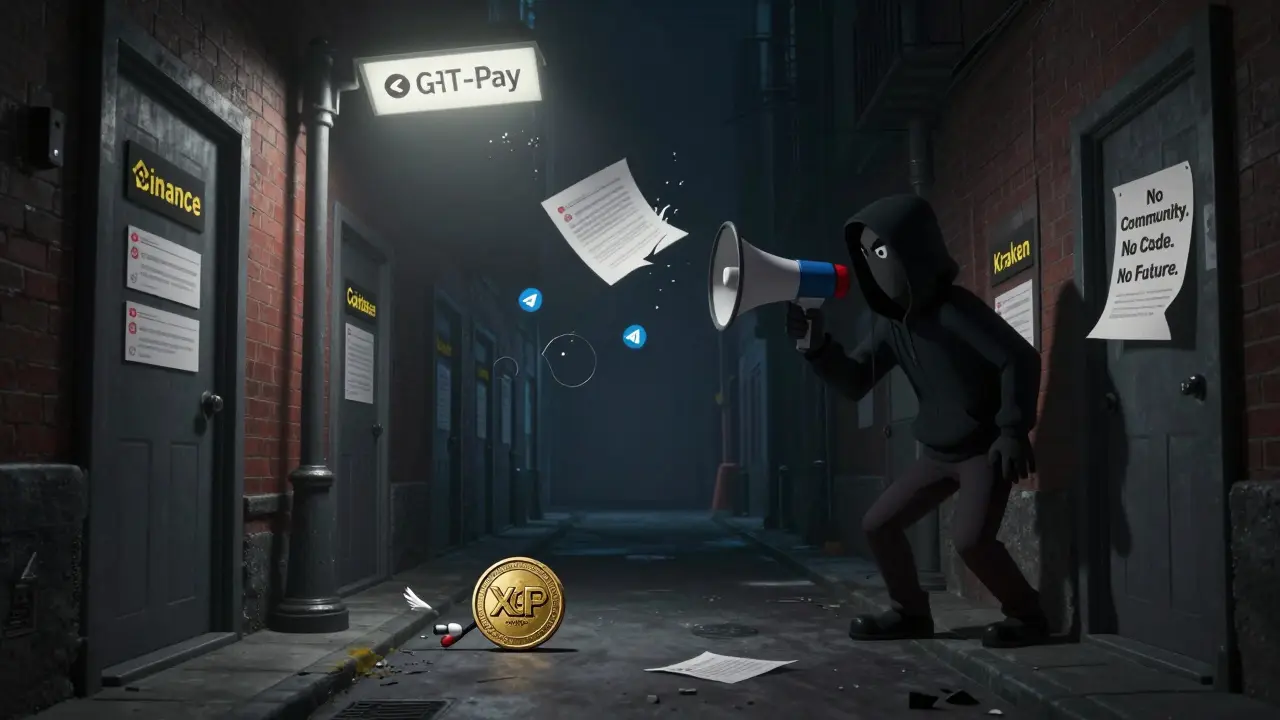 A lone XGP coin rolls down a dark alley past closed major exchange doors, with empty social media icons nearby.