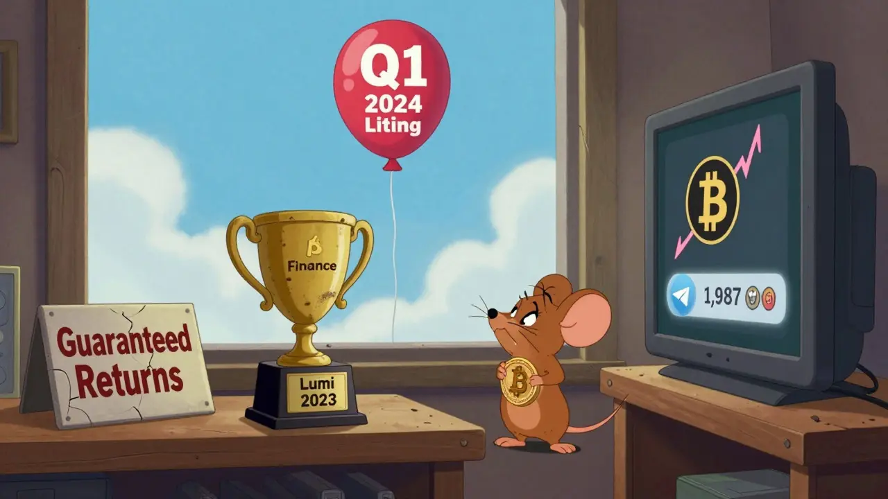 A lonely trophy for Lumi Finance sits beside a broken sign, as a mouse stares at a fading Telegram chat and a floating listing balloon.