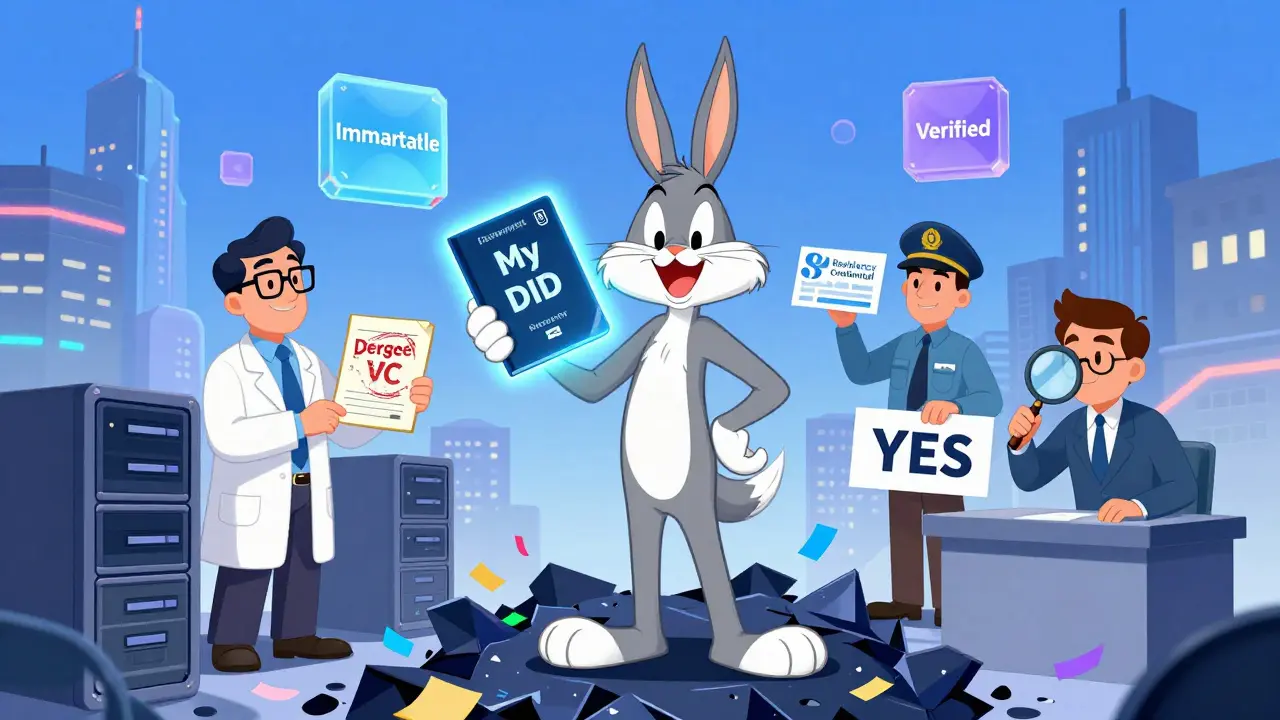 A person holding a digital identity wallet surrounded by credential issuers.