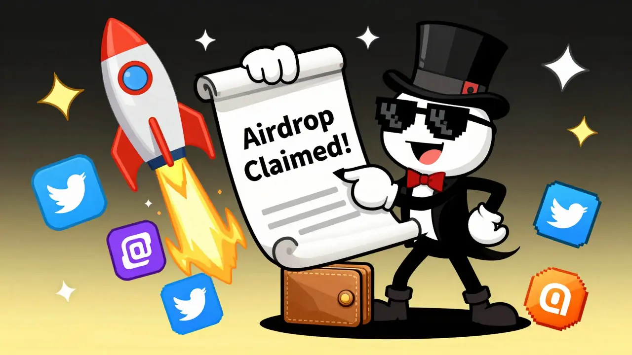 A quirky character claiming an airdrop with social media icons and a rocket in the background