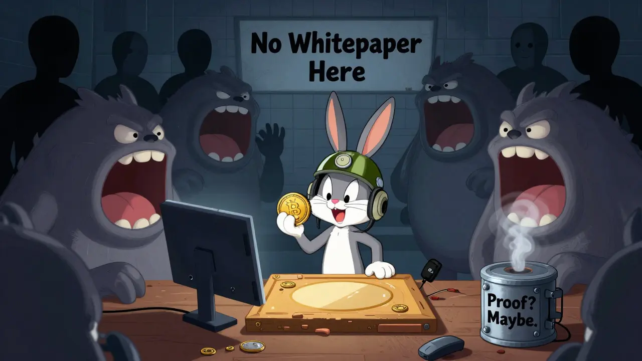 A rabbit tries to sell a crypto token amid giant slippage monsters, while faceless figures watch from behind a 'No Whitepaper' wall.
