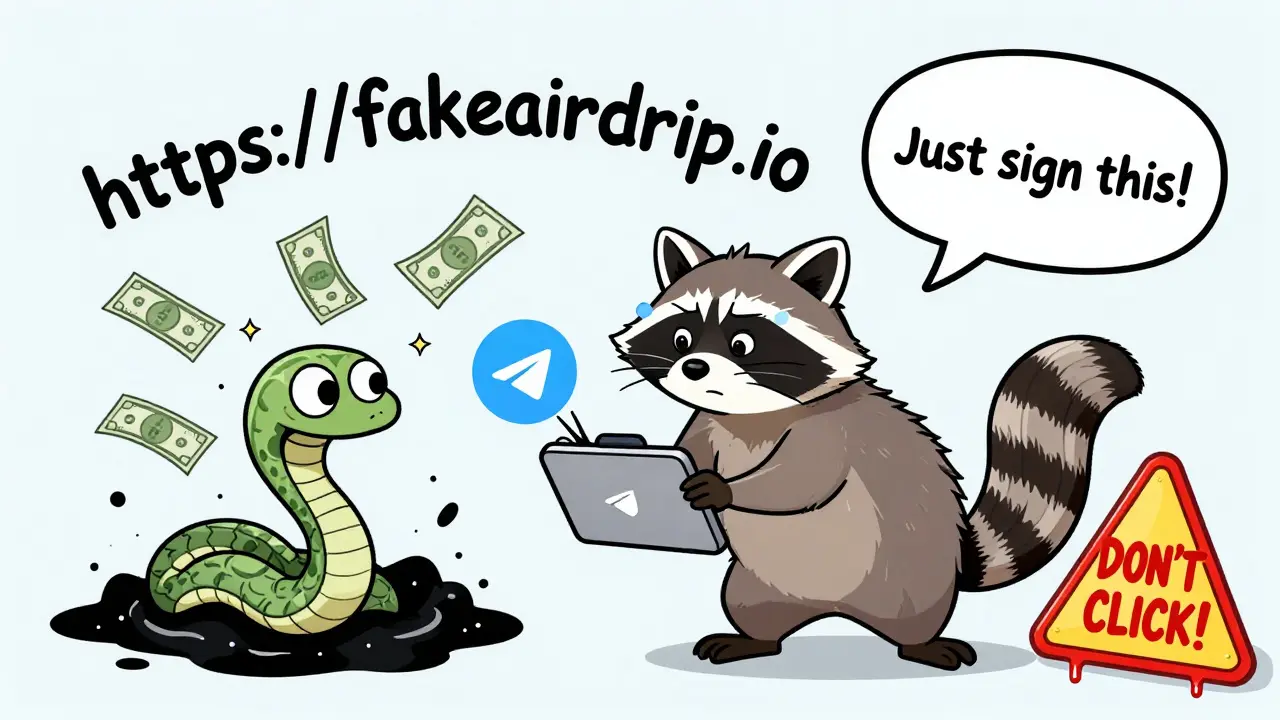 A raccoon connecting a wallet to a scam link, with money flying into a snake-shaped black hole.