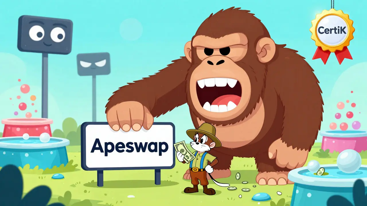 A small trader beside a giant ApeSwap sign as a slippage monster eats his tokens.