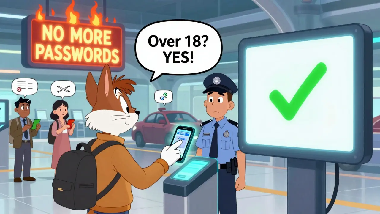 A traveler boarding a plane using a verifiable credential instead of a passport.