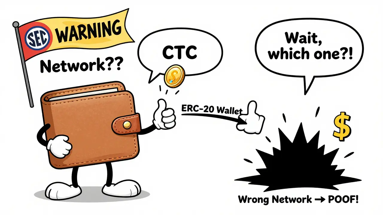 A wallet sending a CTC coin into a wrong network black hole, with a 'POOF!' explosion in Looney Tunes style.