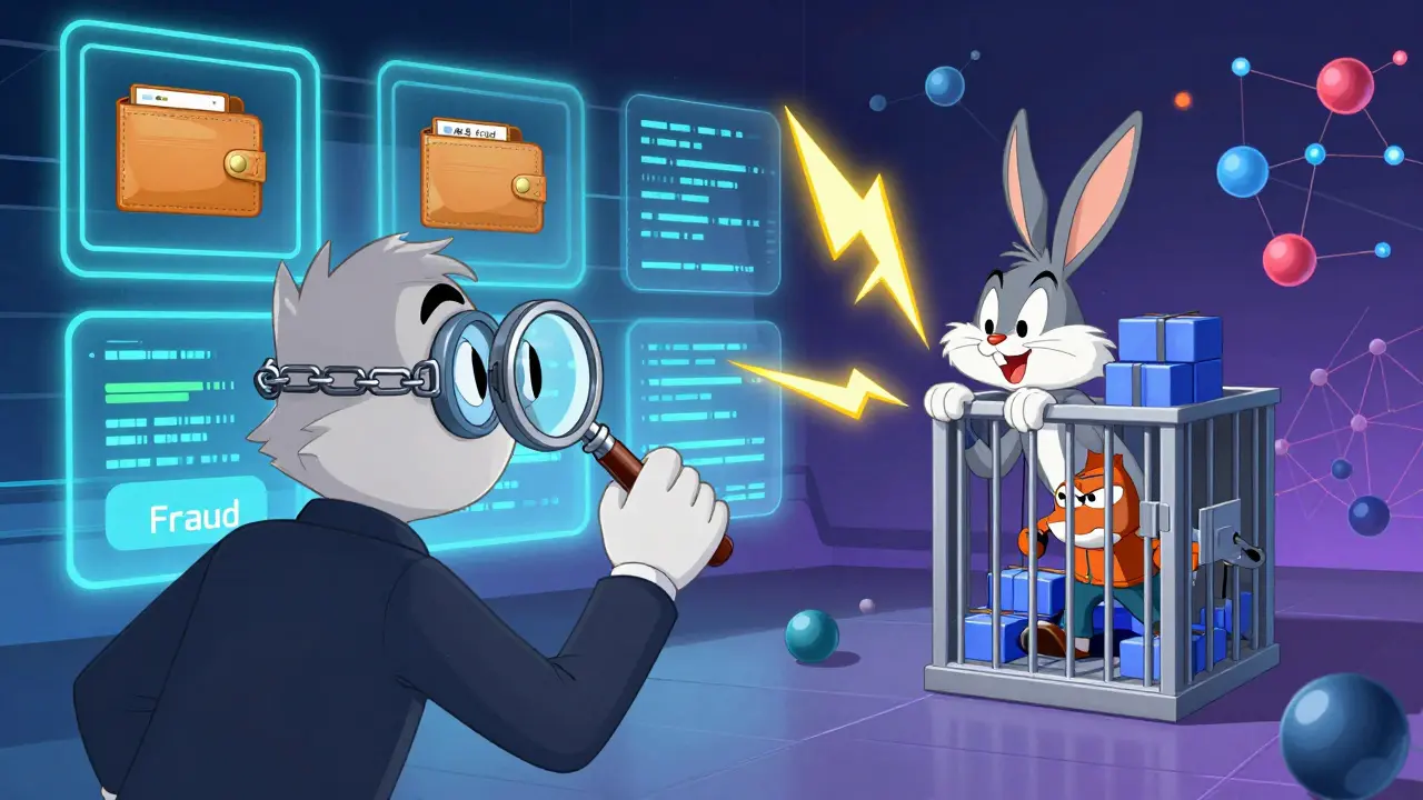 An AI detective spots a double-spend fraud, zapping the criminal into a blockchain jail as nodes cheer.