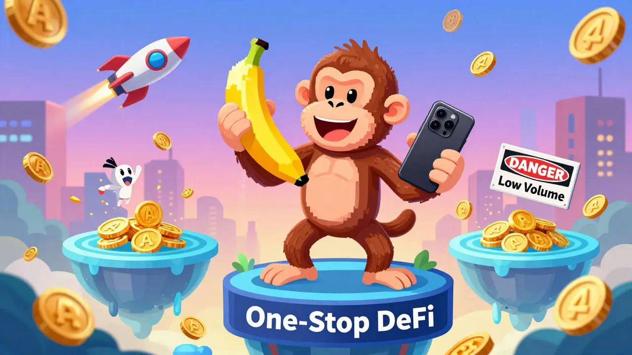 An ape holding an NFT and hardware wallet on a floating one-stop DeFi platform.