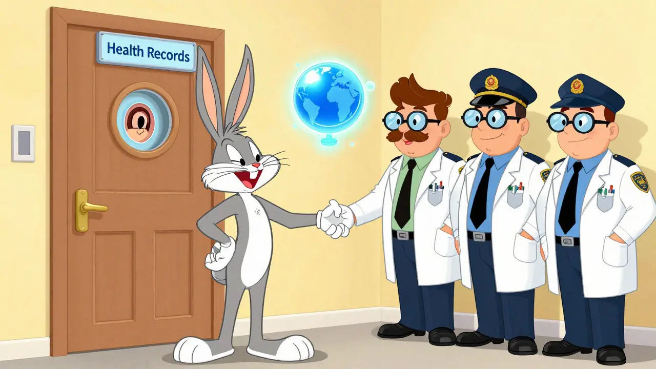 An Estonian citizen grants access to health records by winking at a blockchain orb in a whimsical Looney Tunes scene.