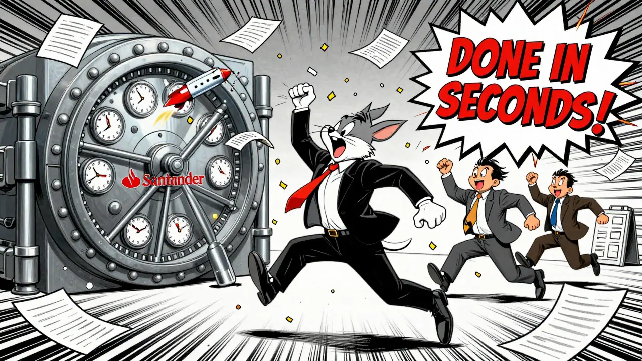 Bankers race against clocks as smart contracts rocket through a vault, settling bonds instantly in Looney Tunes style.