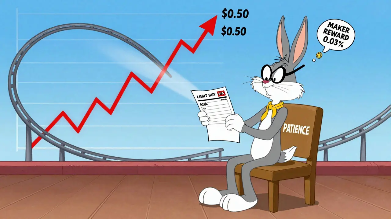 Calm trader placing a limit order while price chart zooms past, with a rebate coin floating above.