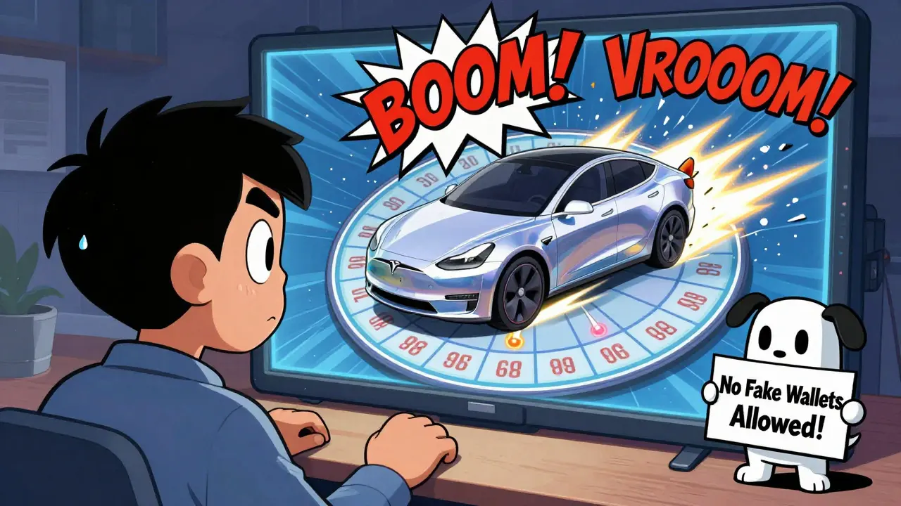 Cartoon character watching a spinning wheel reveal a Tesla car emerging from a Genesis NFT mint.