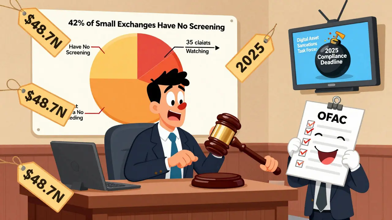 Cartoon courtroom scene with a crypto CEO being fined by Judge OFAC, surrounded by penalty tags and a ticking compliance bomb.