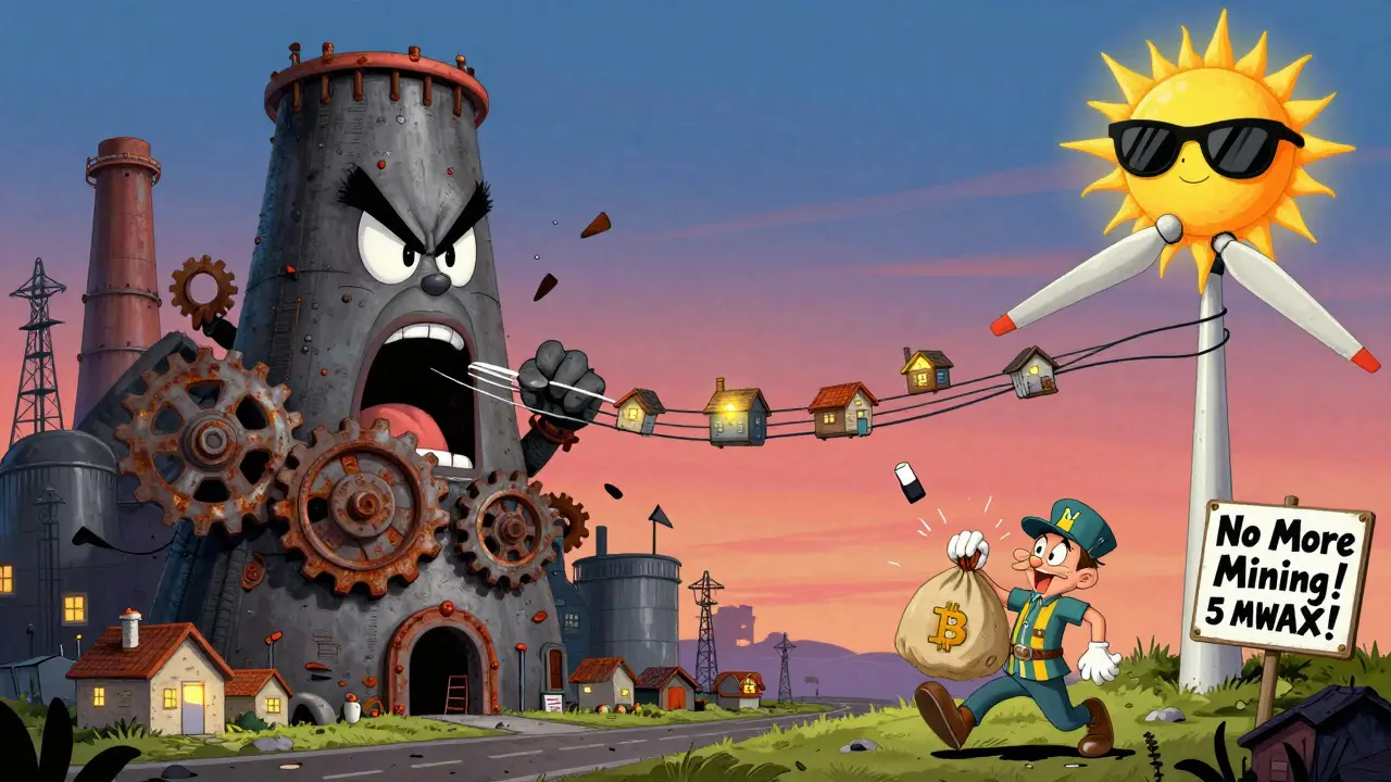 Coal plant and wind turbine fighting over weak power lines, homes pulling on wires, miner fleeing with stolen fuse.