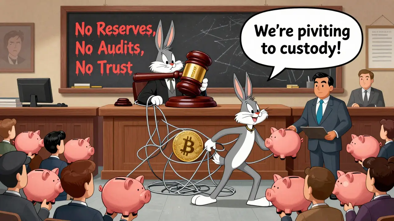 Courtroom scene with EQONEX defendant dragged away by blockchain bailiffs, users hold empty piggy banks.