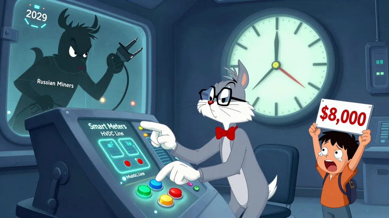 Engineer in smart grid room racing against clock, shadowy miners peeking in, child holding expensive solar panel.