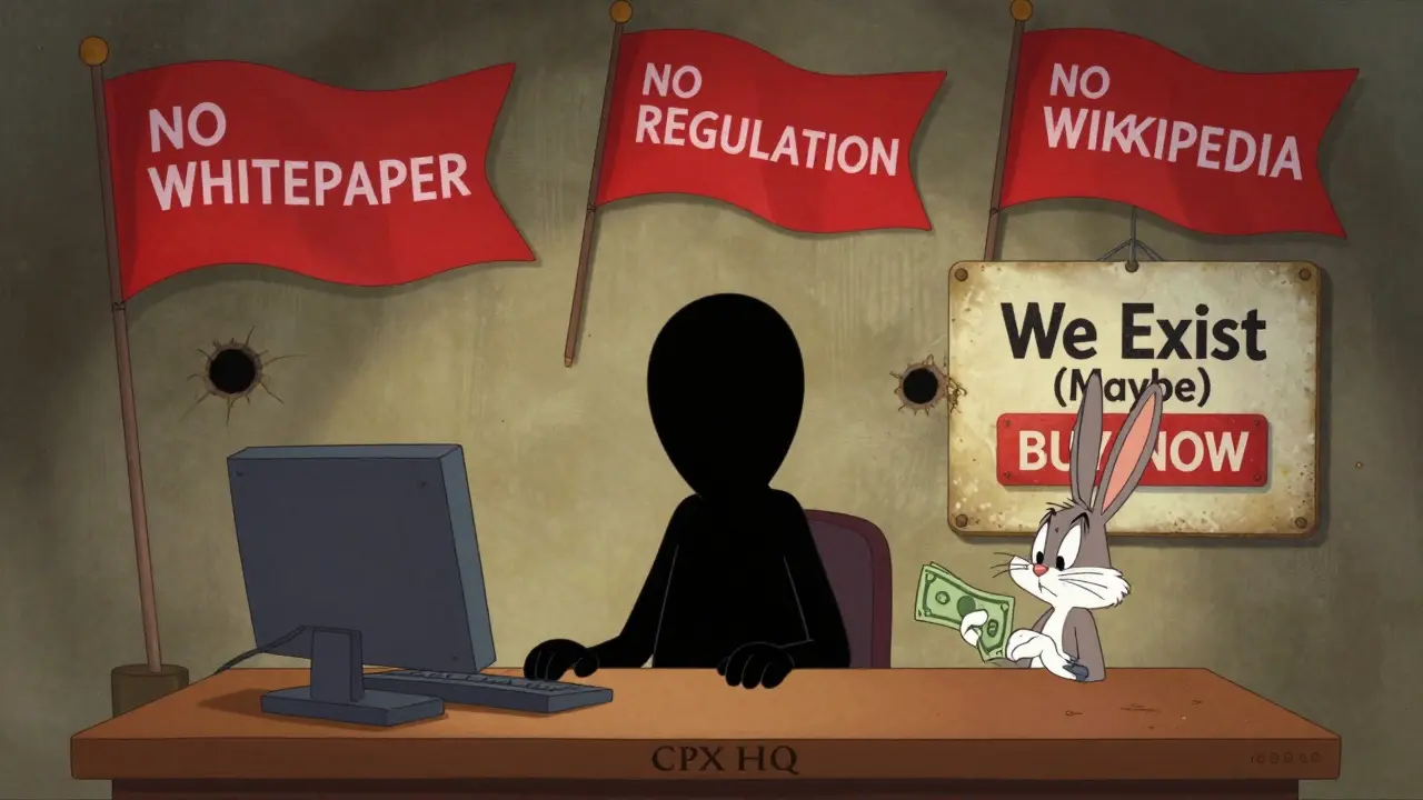 Faceless figure behind 'CPX HQ' desk surrounded by red flags labeled with missing crypto basics.