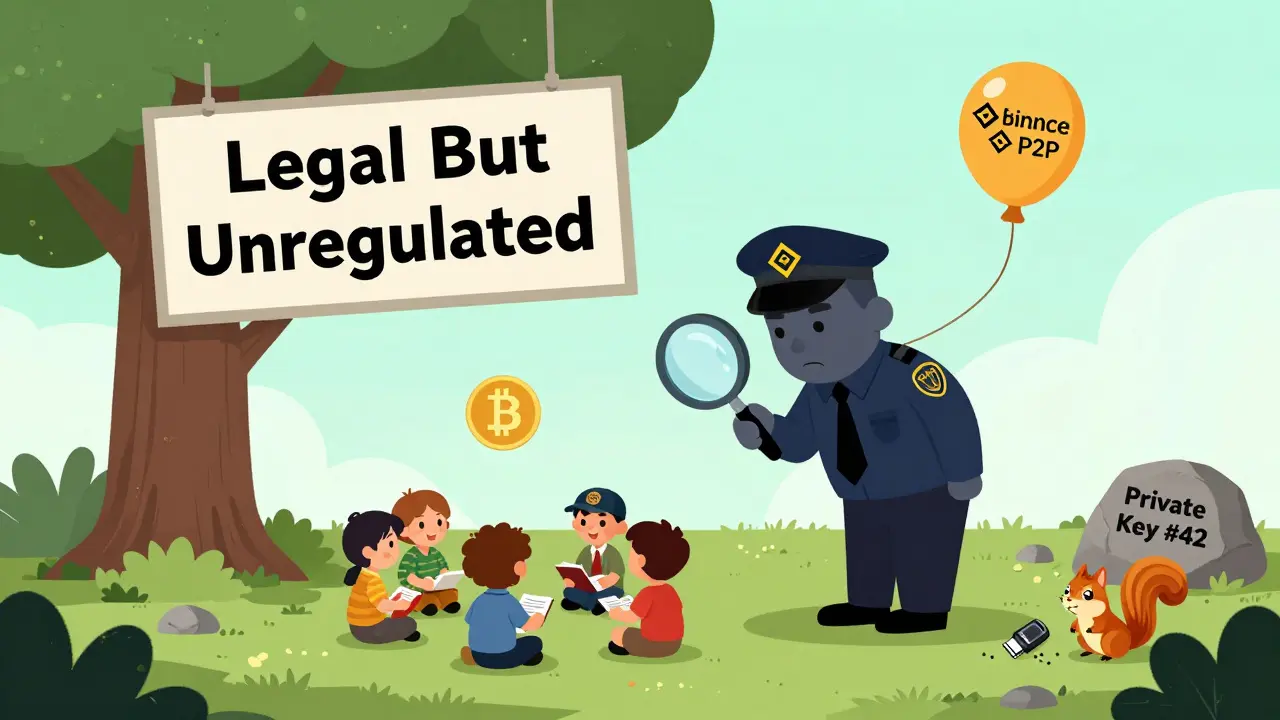 Friends trade crypto under a tree while a government regulator stares, ignoring a floating Binance P2P balloon.