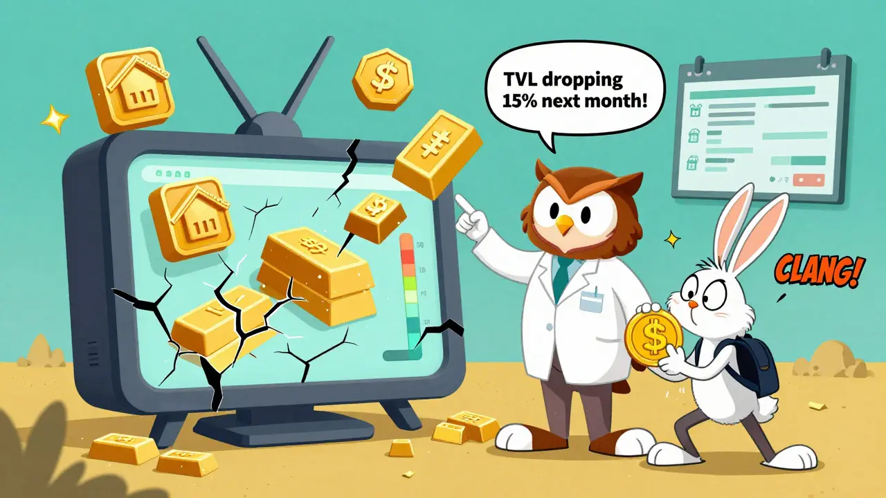 Futuristic TVL dashboard with tokenized assets, AI owl predicting drop, confused rabbit trying to withdraw, Looney Tunes tech style.