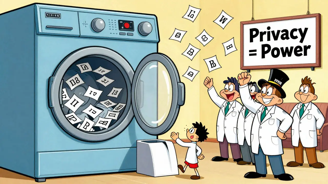 Giant spinning laundry machine called Mixnet, with letters flying inside, scientists cheering.