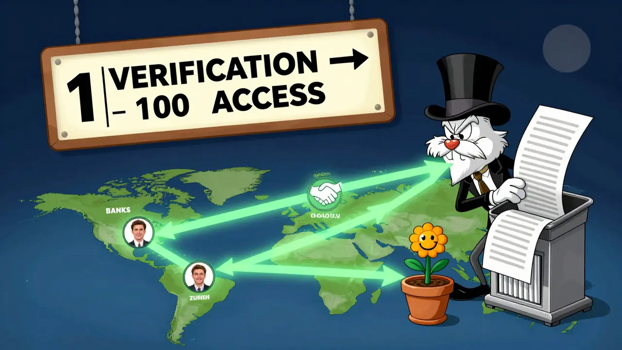 Global connections from one verified user to banks worldwide with glowing pathways and a '1 to 100' sign.
