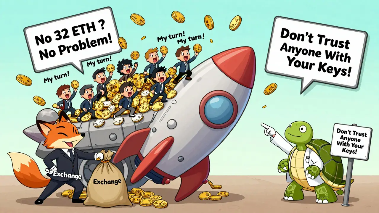 Hundreds of tiny people stacking coins on a rocket validator with a sneaky fox trying to steal tokens.