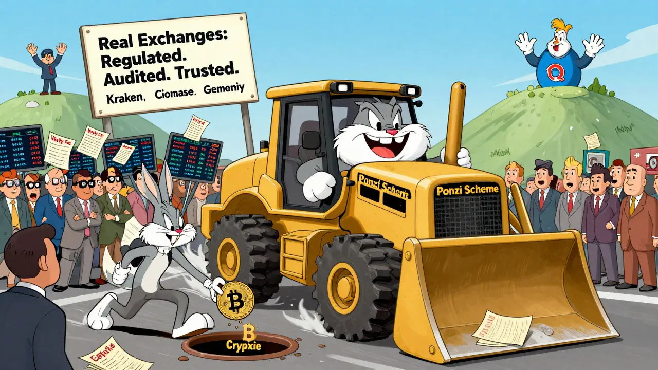 Investors flee a giant bulldozer labeled 'Ponzi Scheme' as their crypto disappears into a pit.