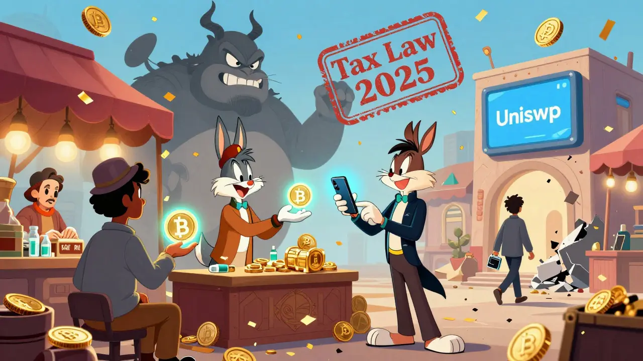 Iranians trading DAI tokens for medicine in a futuristic market, with a tax monster looming and a hardware wallet in hand.