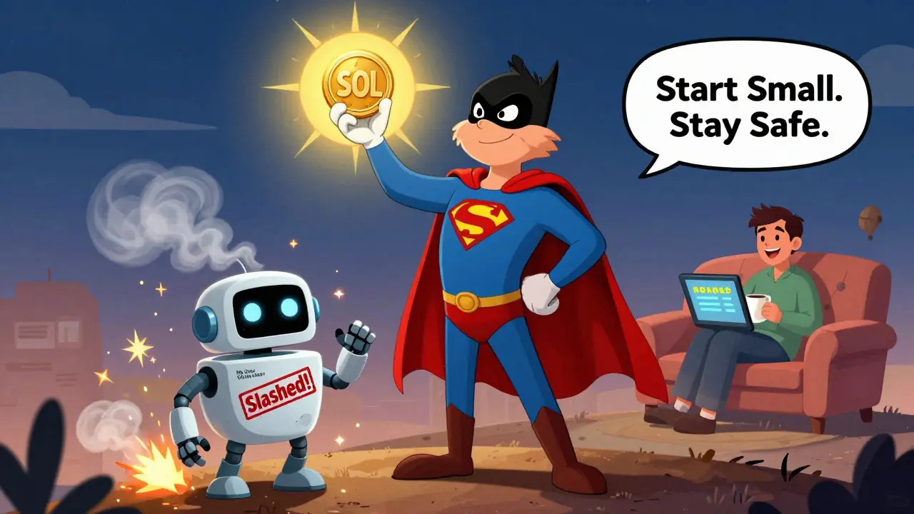 MetaMask superhero saving SOL coins while a broken validator explodes in the background.