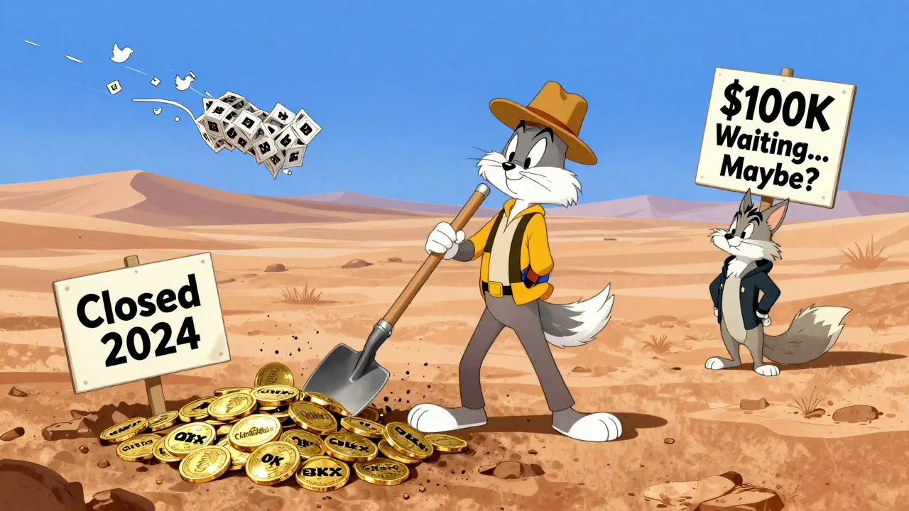 Prospector digging through crypto airdrop tokens in a desert, one sign reads 'Closed 2024'.