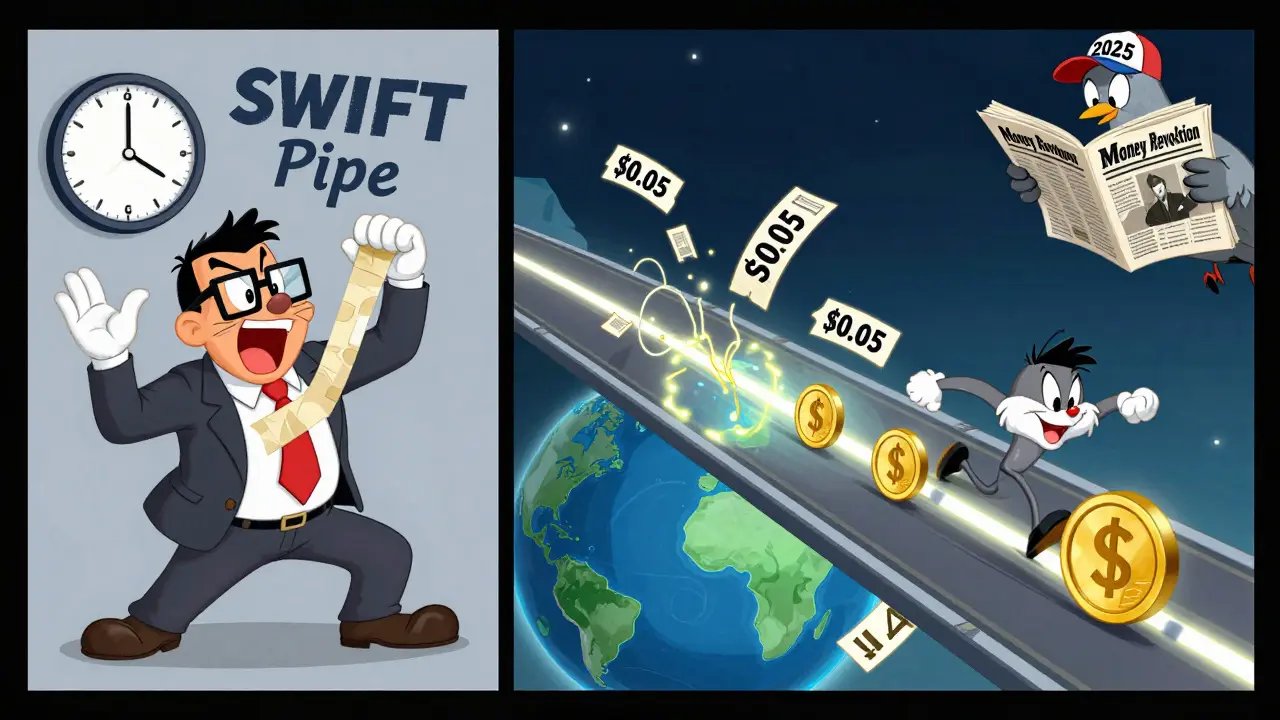Split-screen cartoon: a frantic banker fixes a slow SWIFT pipe while a speedy stablecoin zooms across a global blockchain highway.
