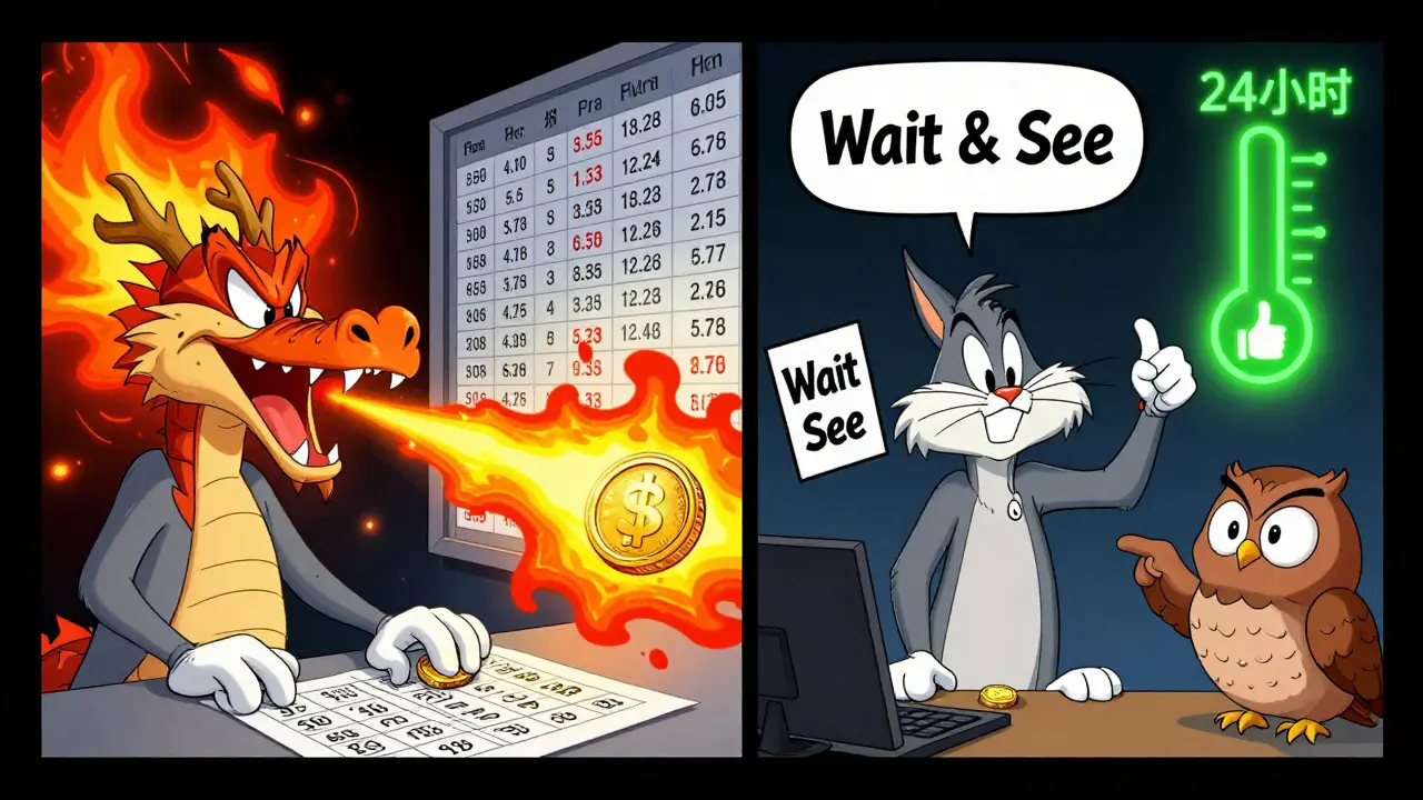 Split-screen: dragon swallows market order vs. smart trader waiting with limit order in Looney Tunes style.