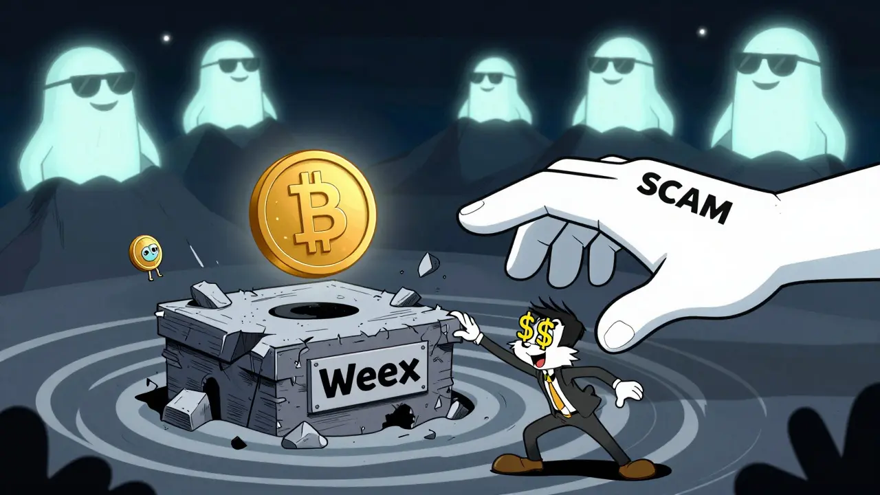 Tiny CPX token floating over crumbling Weex platform as a ghostly scam hand pulls it away.
