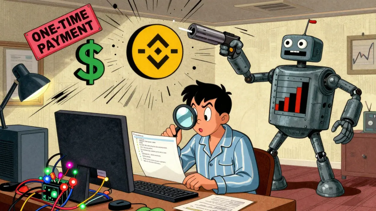 Trader configures Gunbot on Raspberry Pi as cartoon bot high-fives Binance logo with one-time payment sign falling from sky.