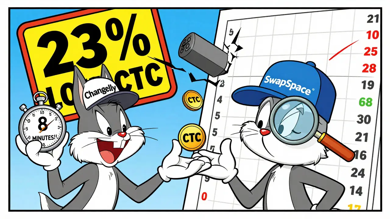 Two cartoon characters comparing Changelly and SwapSpace while a CTC coin is passed like a hot potato.