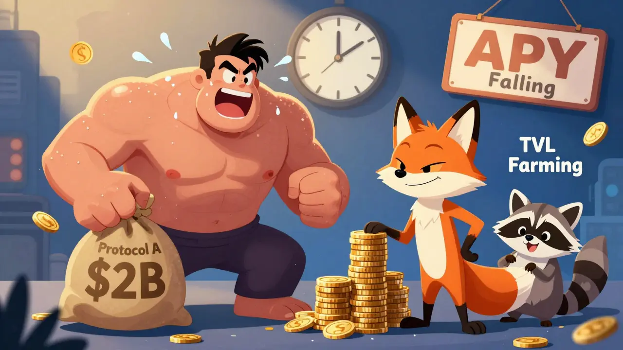Two DeFi protocol characters: a sweaty giant with B coins vs a calm fox with steady coins, TVL farming raccoon sneaking in.