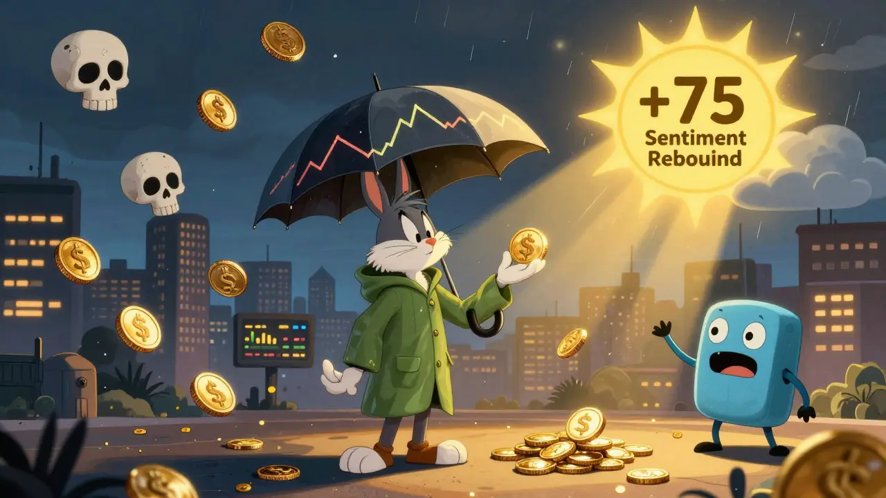 A calm trader buying coins as negative sentiment storms around him.