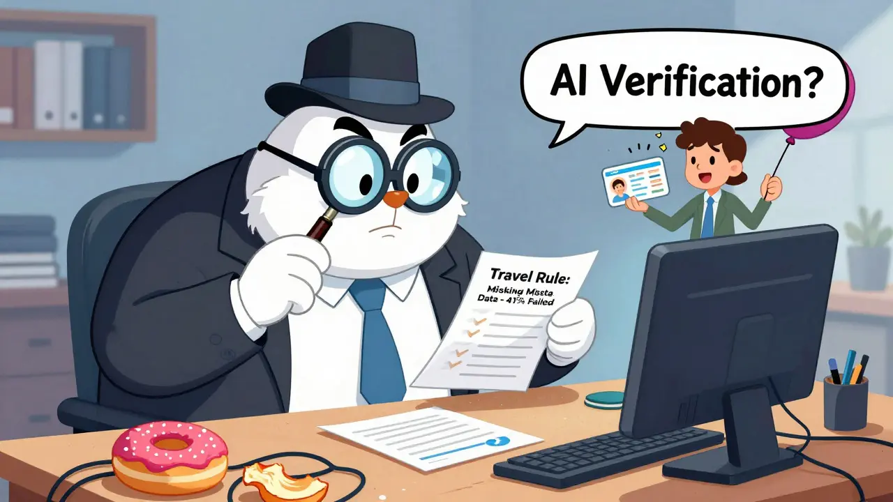 A cartoon compliance officer checks a messy crypto desk with a failed Travel Rule screen and fake ID selfie.