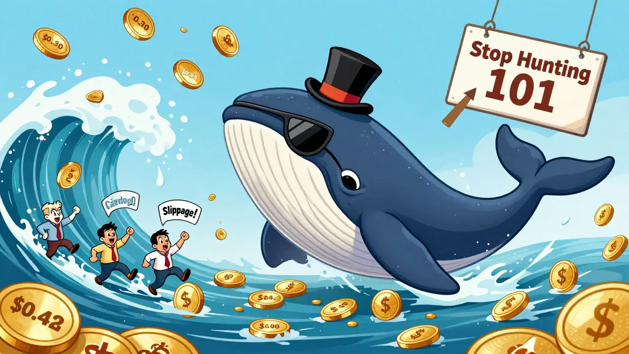 A cartoon whale slams down on Cardano, triggering stop-loss orders of tiny traders with slippage chaos.