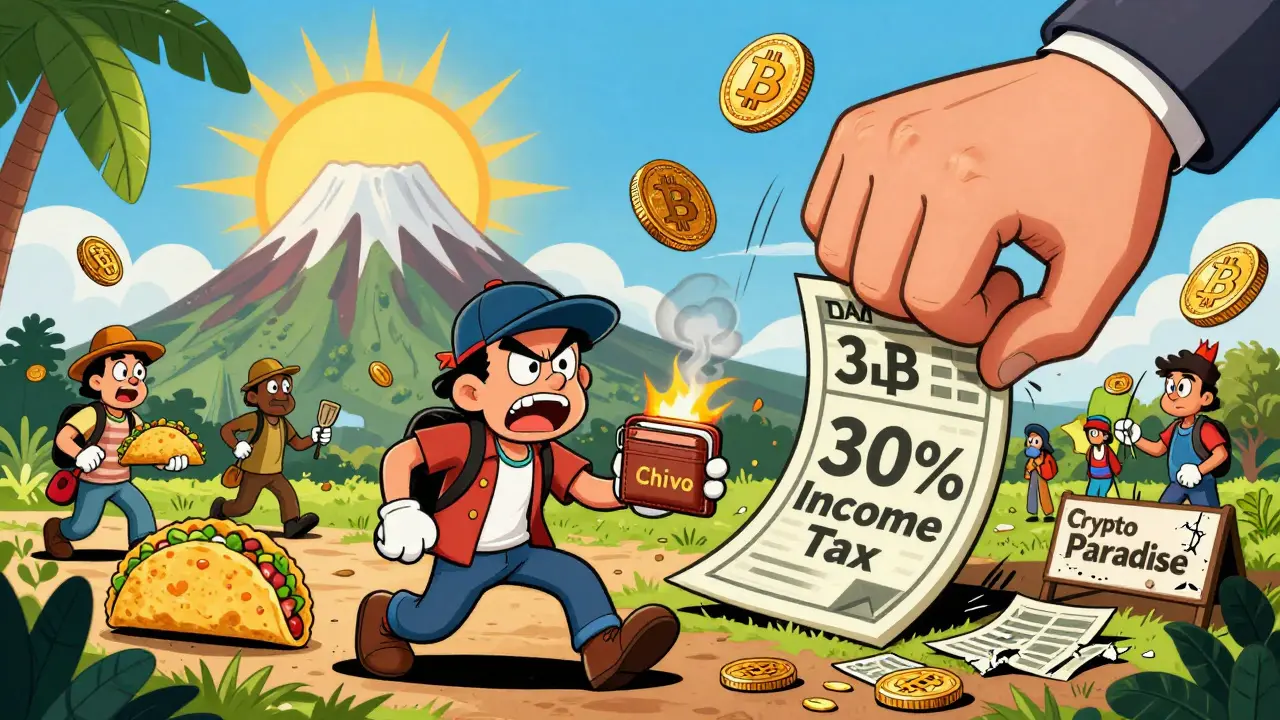 A chaotic scene in El Salvador with a smoking Chivo wallet and a giant tax bill slamming down on a Bitcoin user.