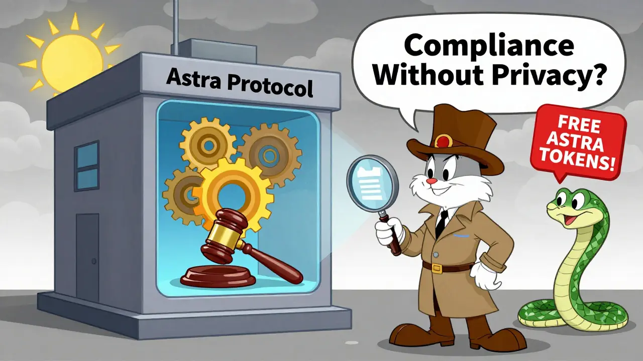 A compliance-focused blockchain building with legal gears, watched by a detective exposing a scam website.