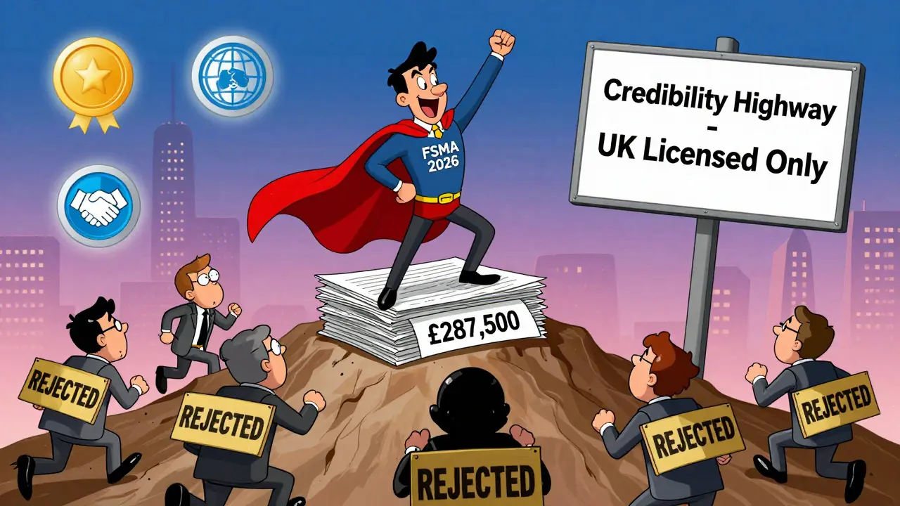 A crypto CEO on a mountain of paperwork stands proudly as rejected firms flee toward a 'UK Licensed Only' sign.