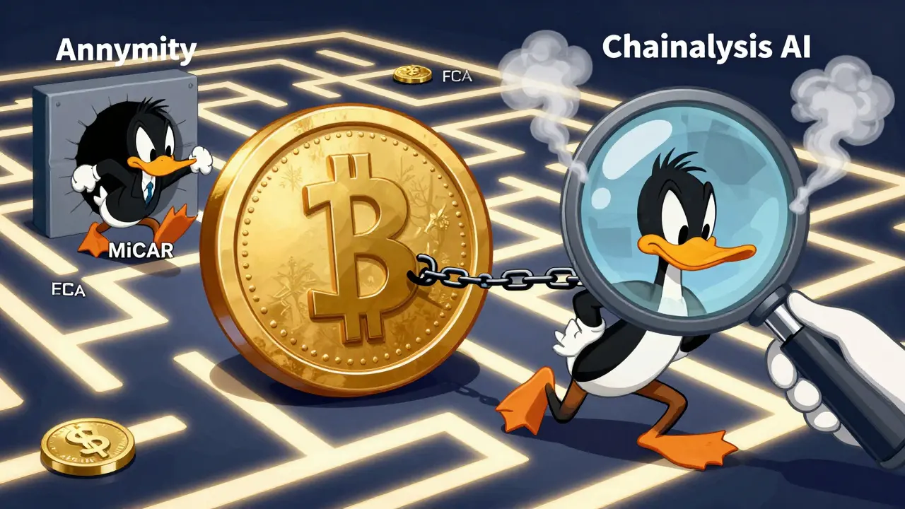 A faceless Tether coin is dragged by regulatory chains through a blockchain maze while being watched by AI surveillance.