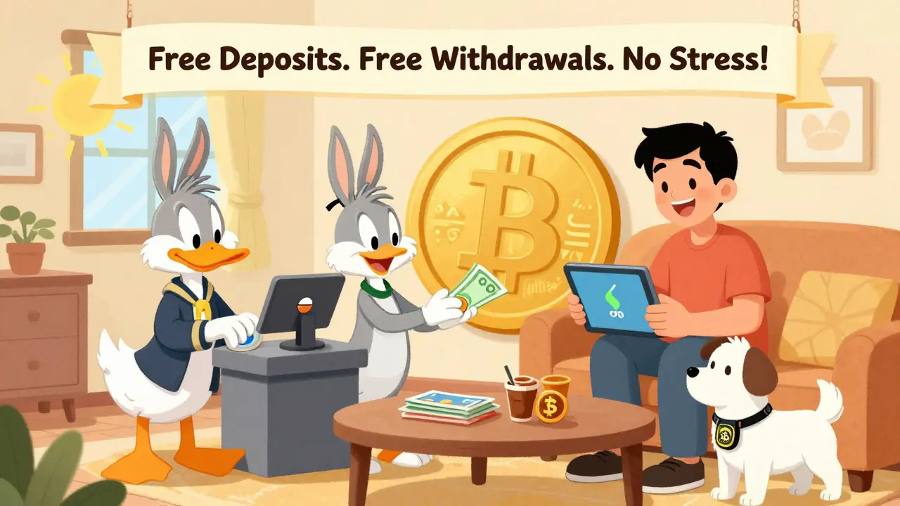 A family using a CoinJar Mastercard to buy groceries with crypto, enjoying free deposits and withdrawals in a cheerful cartoon scene.