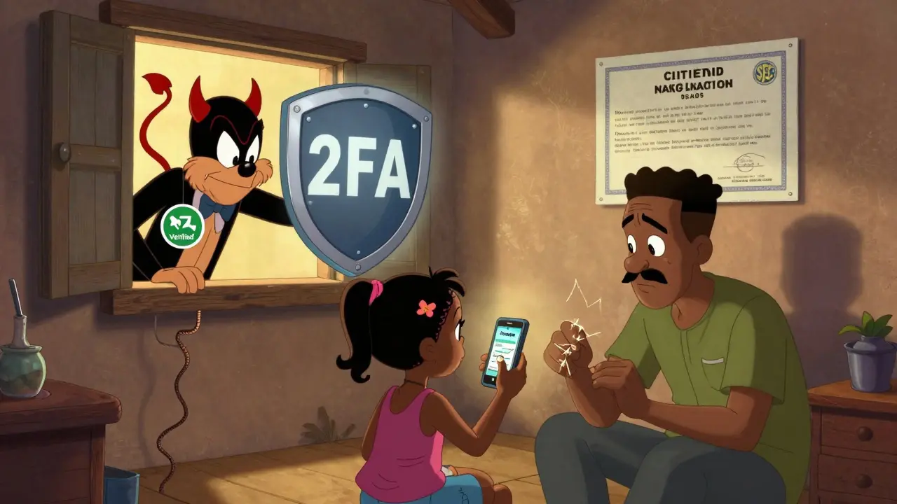 A girl trades crypto on a broken phone while a scammer tries to sneak in, blocked by a 2FA shield in a rural Nigerian home.