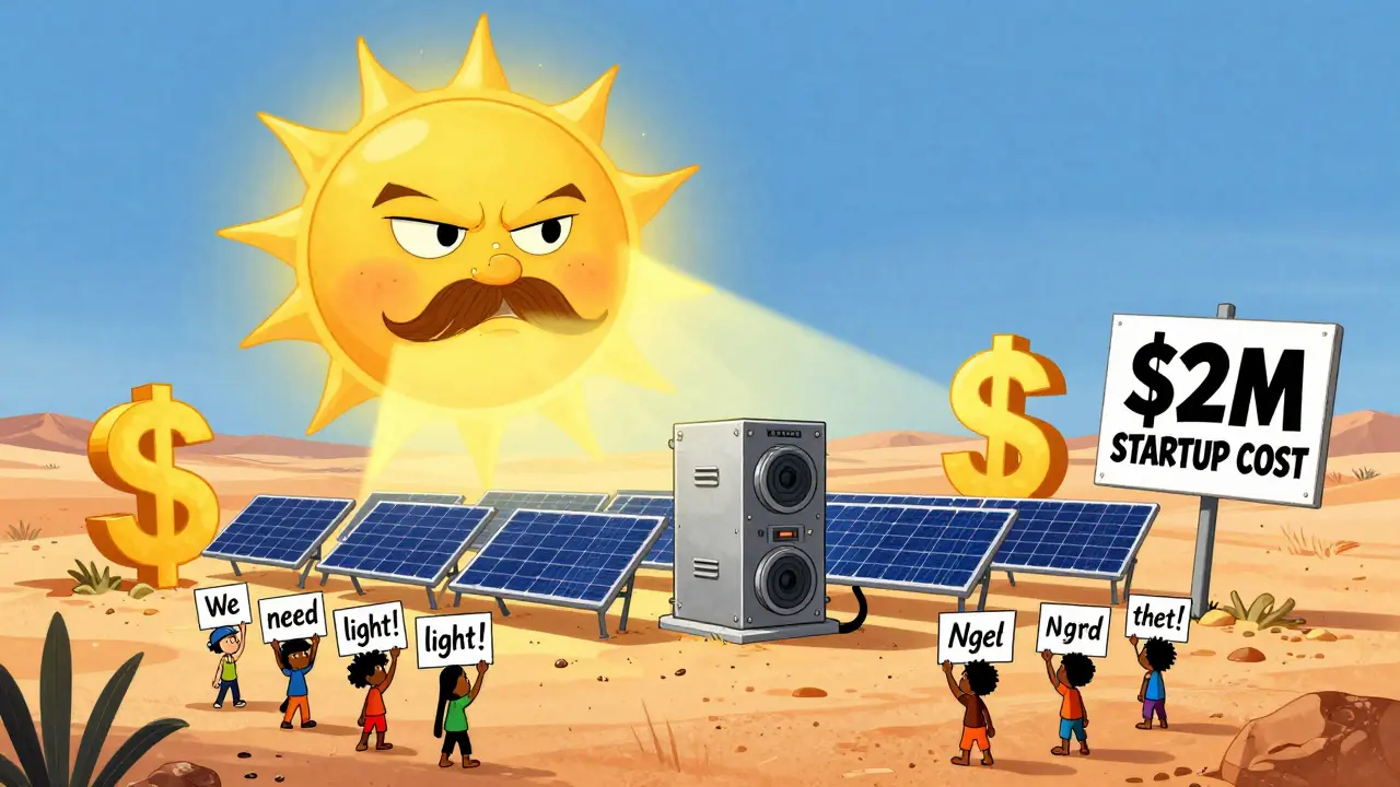 A lone solar-powered miner stands isolated under a giant sun, while people below beg for light.