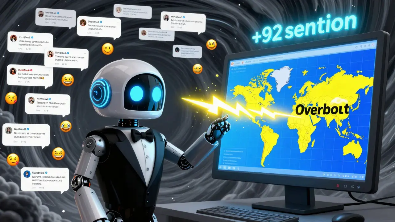 A robot analyzing swirling social media tweets with a glowing sentiment meter.