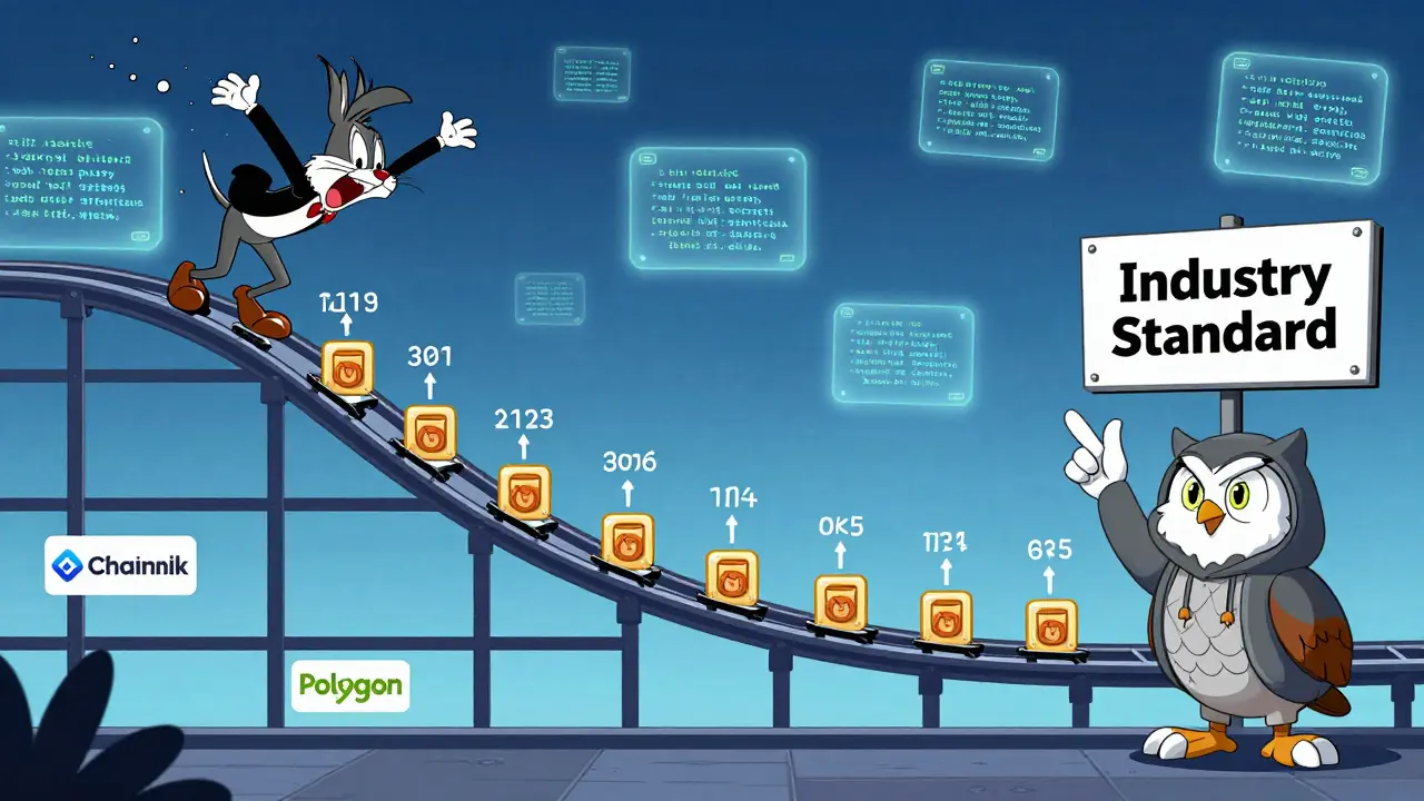 A rollercoaster track showing cliff drop then steady climb, with blockchain project logos.